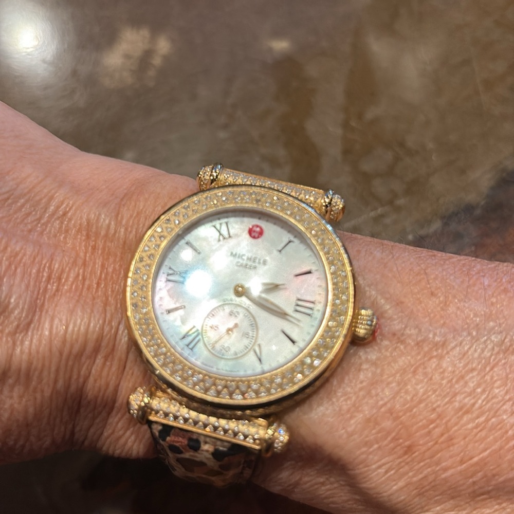 Michele Gold Plate with 1.6 C diamonds and Leopard Women's leathers band Watch - Picture 3 of 12